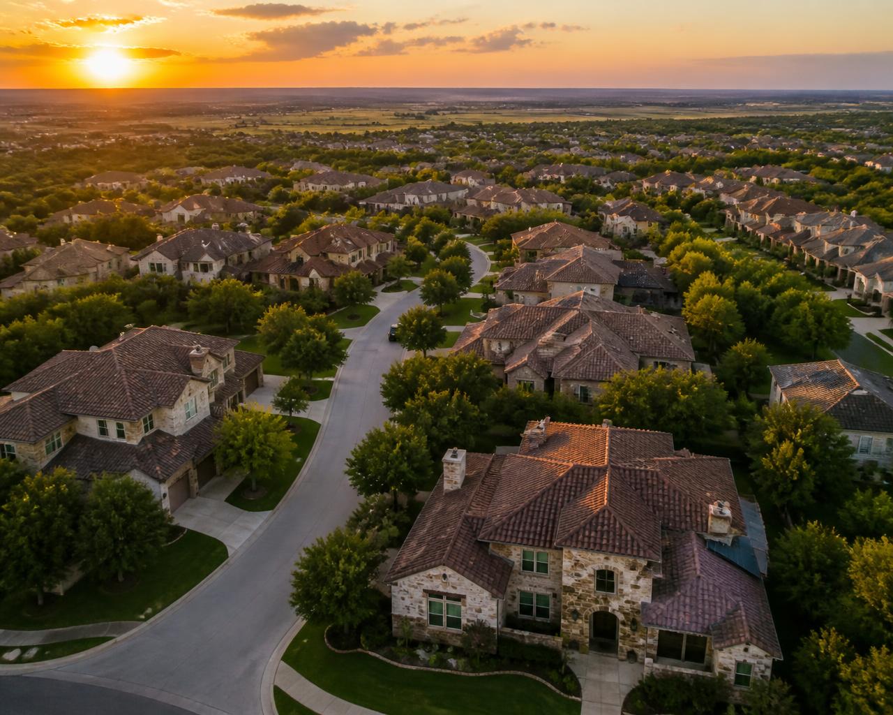 Aerial view of a Dallas-Fort Worth suburban neighborhood at sunset